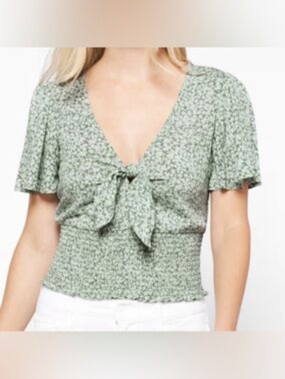 Mason & Belle Athena Smocked Crop Top Light Green EUC M